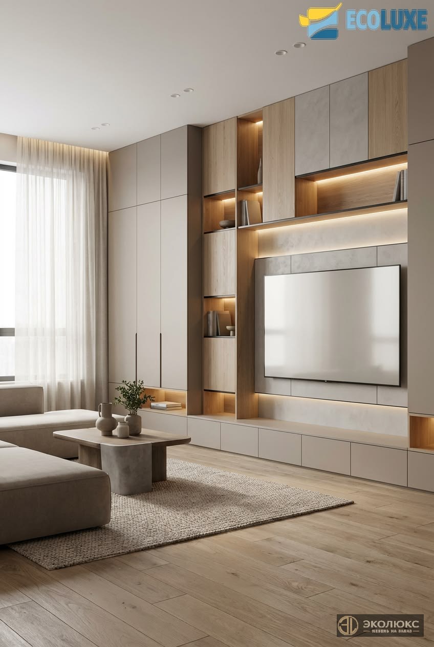 Встроенный шкаф-комплекс с подсветкой для гостиной