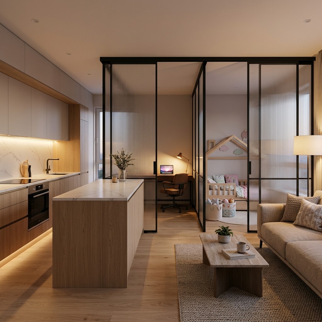 Раздвижные перегородки 2026: зонирование без капитальных стен (для кухни-гостиной, кабинета, детской)