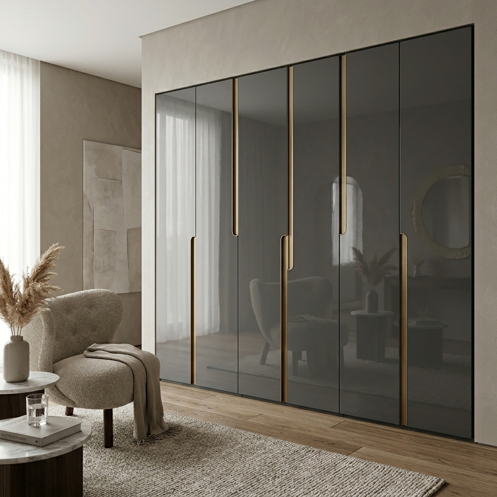 Встроенный шкаф до потолка с глянцевыми фасадами