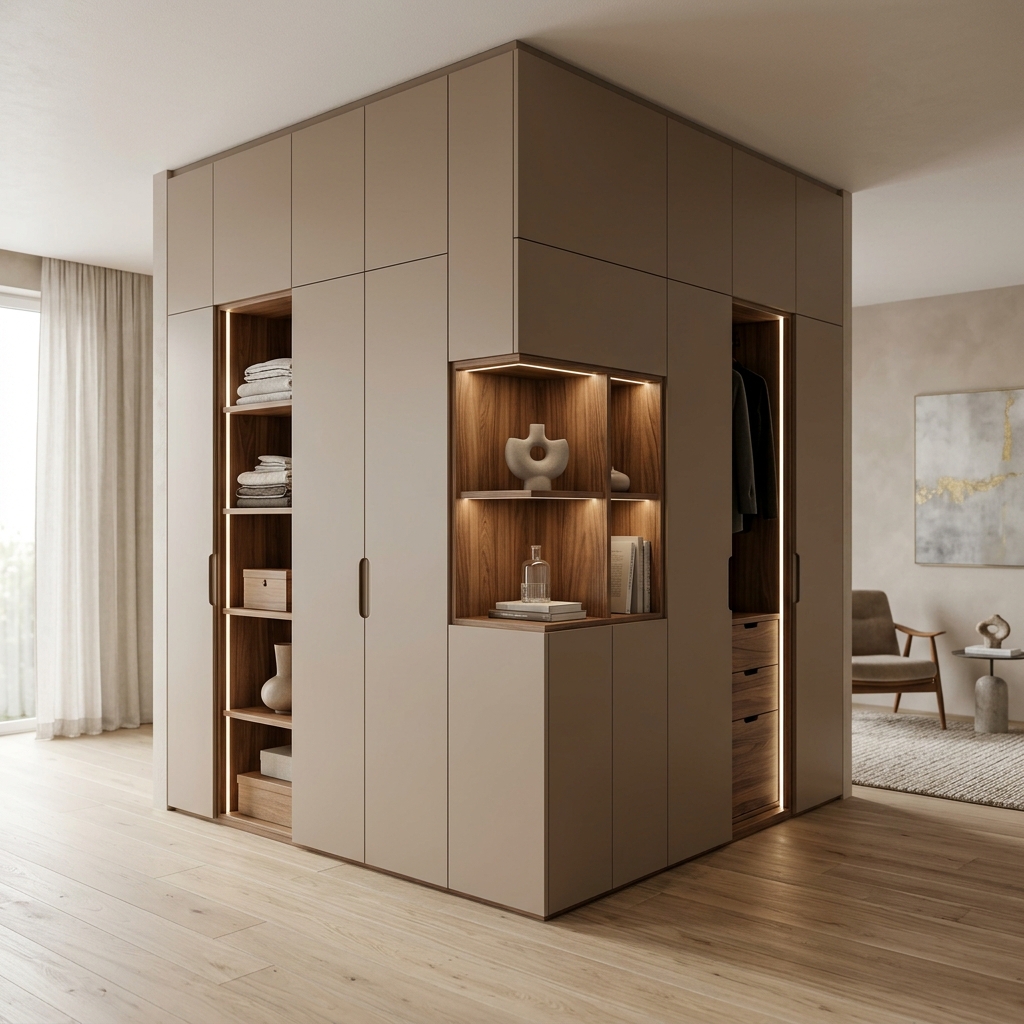 Большой бежевый шкаф-гарднероб с нишами