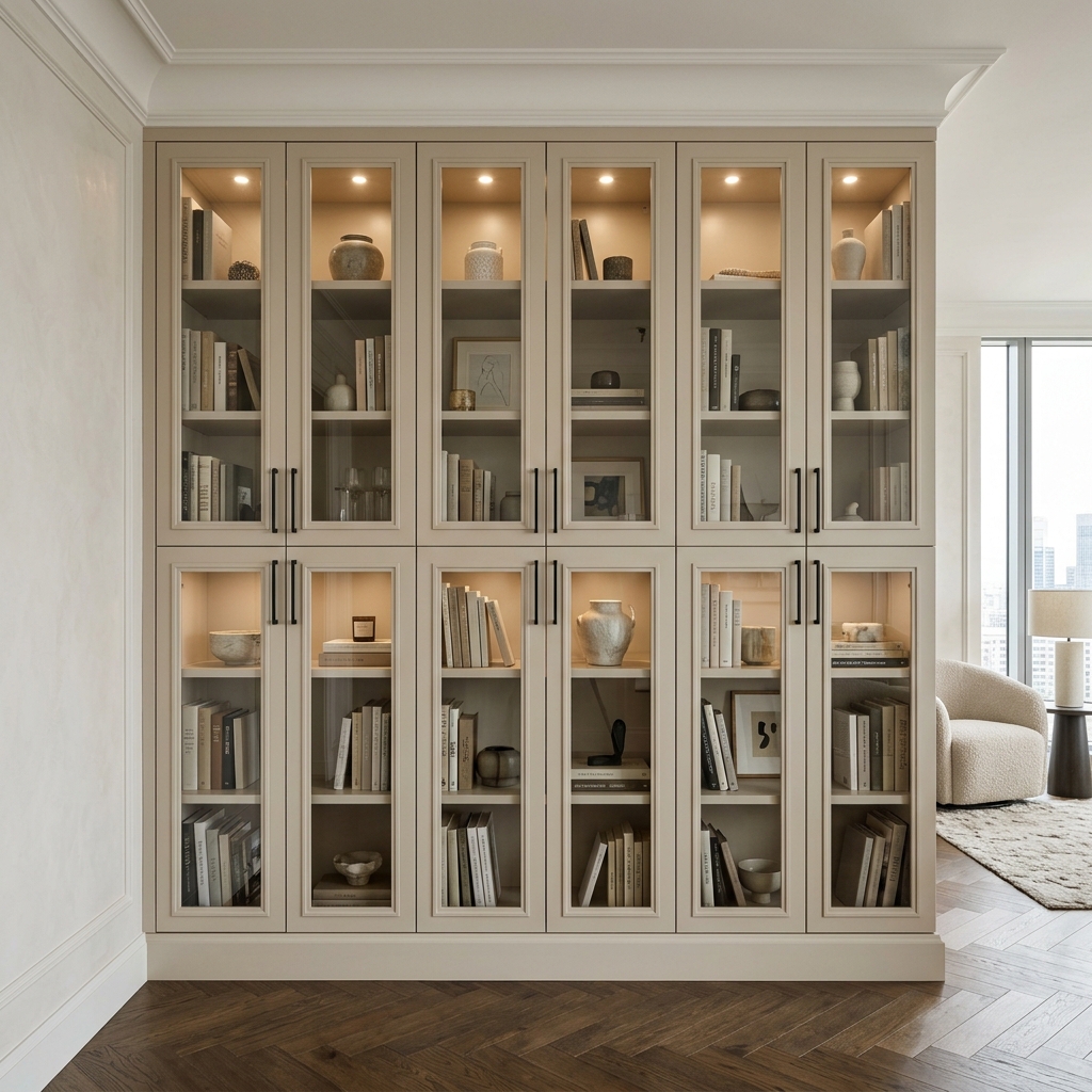 Большой гостиный шкаф с витринами и подсветкой