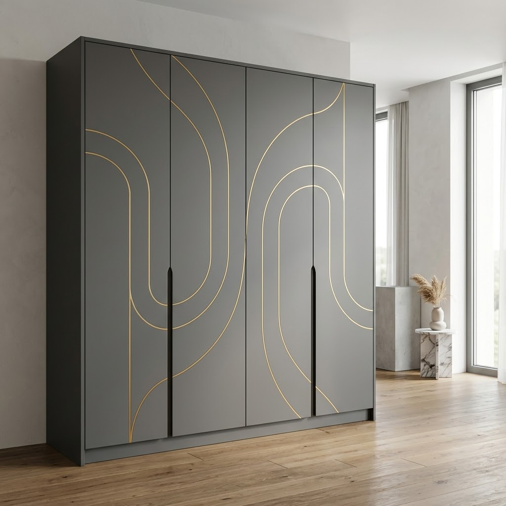 Шкаф графитовый с фрезеровкой в современном стиле