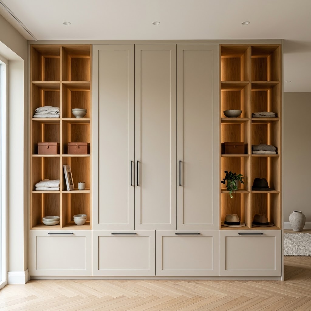 Встроенный шкаф с открытыми полками и подсветкой Винарос