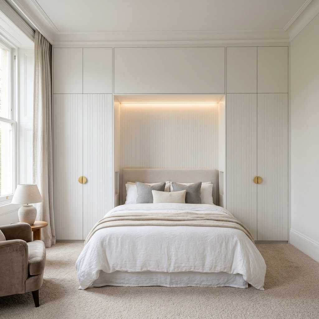 Встроенный гарнитур вокруг кровати с подсветкой