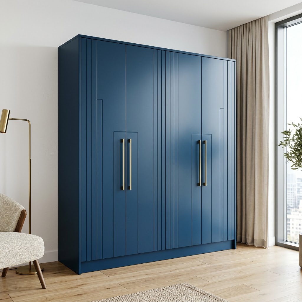 Синий распашной шкаф Эстель с фрезеровкой