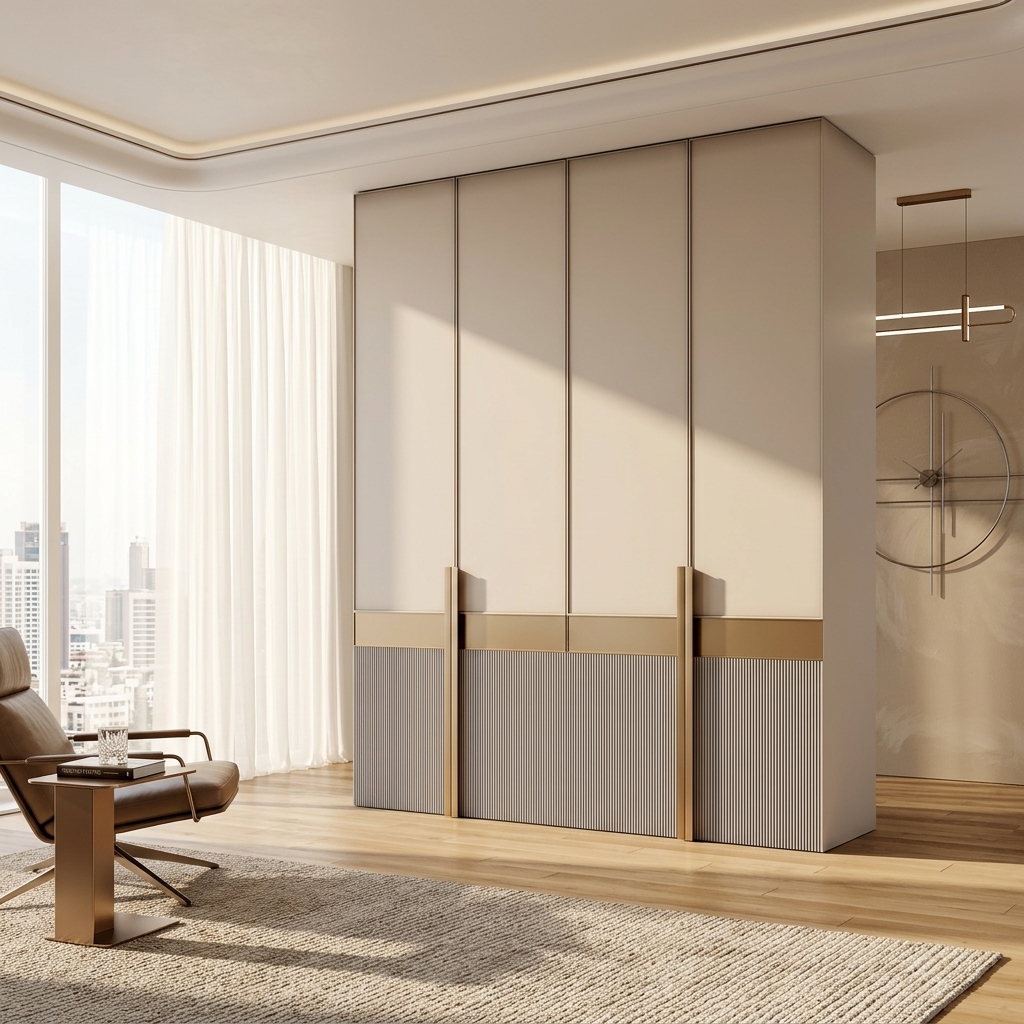 Современный бежевый шкаф до потолка с фрезеровкой