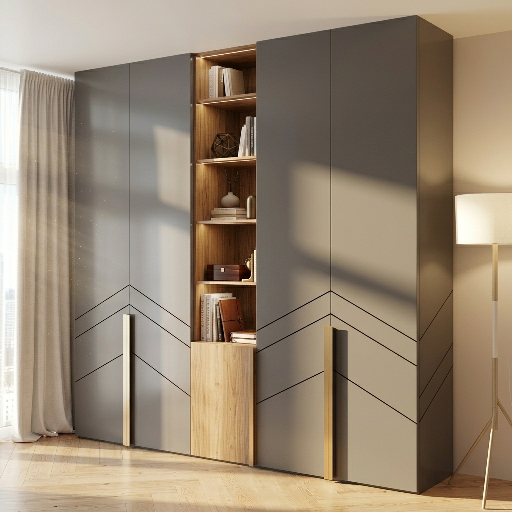Современный угловой шкаф с открытыми полками и подсветкой