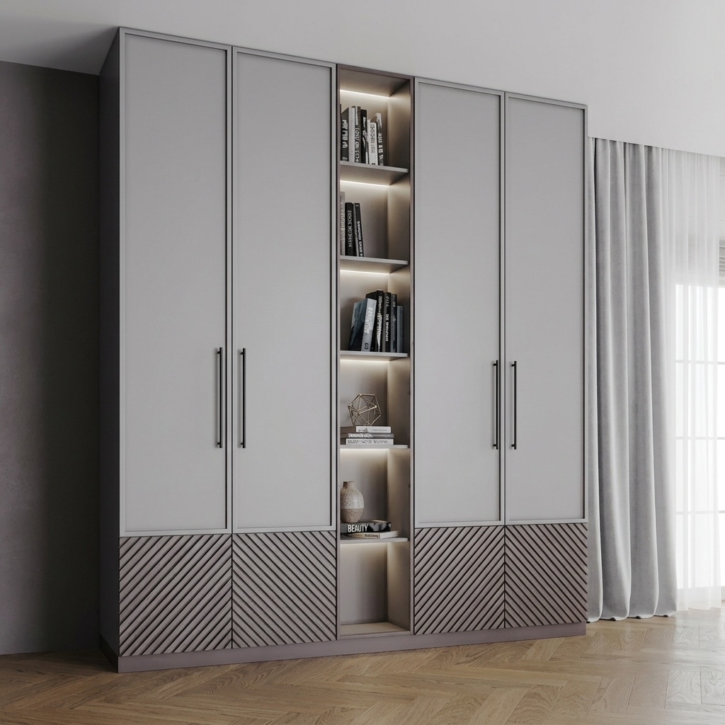 Современный встроенный шкаф с подсветкой и нишей